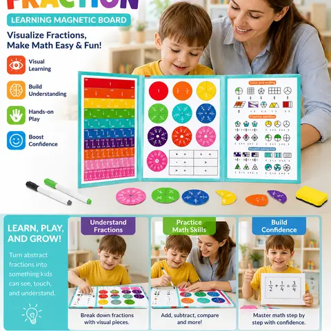 Magnetic Fraction Educational Board Book for Kids (Ages 3+), Math Teaching Supplies - Tri-Fold Lightweight Book with 120+ Tile Puzzles, Dry-Erase Activity Card - Strong Magnetic Hold, Mess-Free Writing Fractions Tool for Elementary Visual Learning Fun