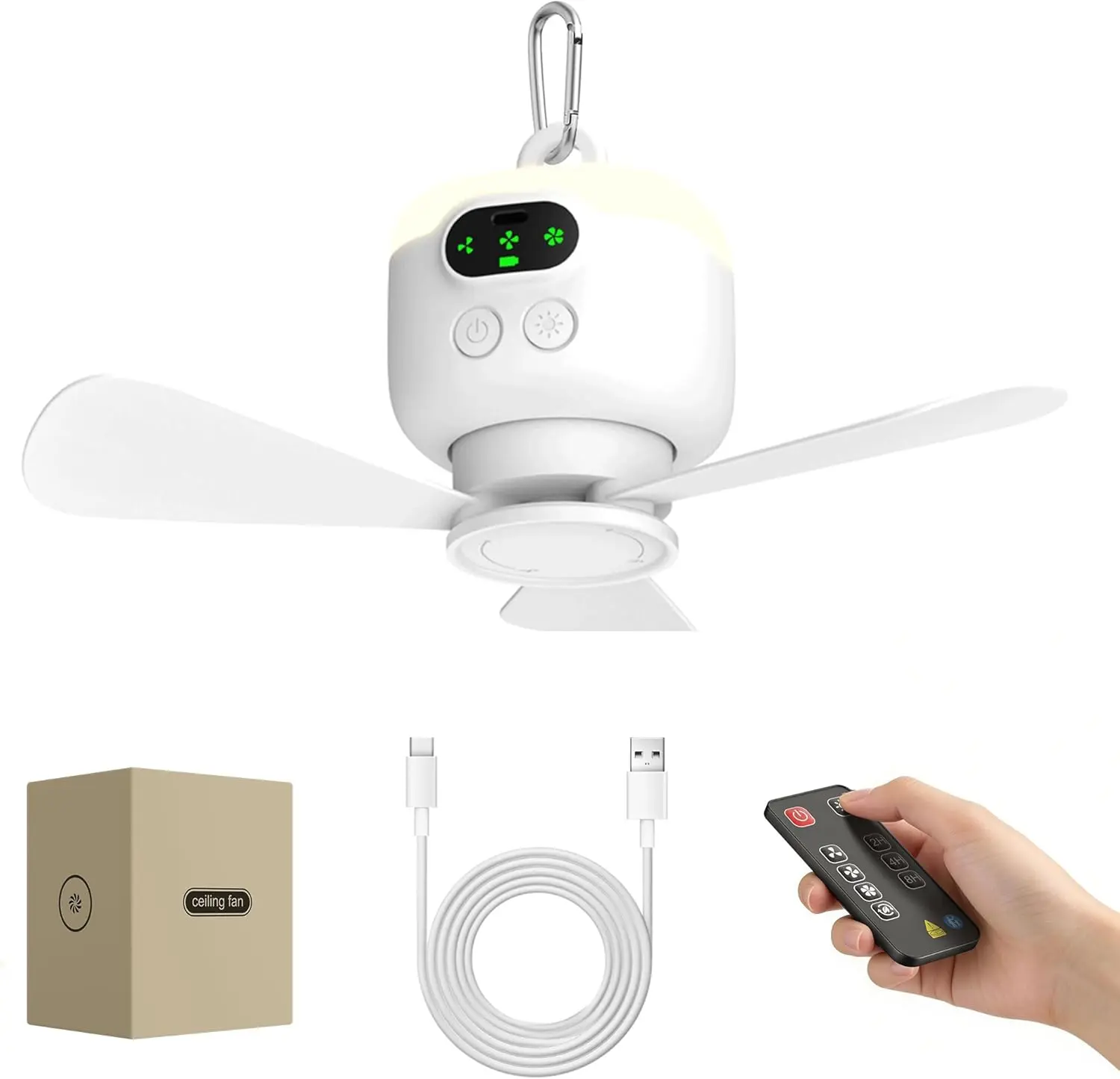 Portable Ceiling Fan for Tent,8000mAh Battery Operated Ceiling Fan,RV Fan Rechargeable,3 Detachable Blades,Auto Shut-off,4 Speeds for Outdise Canopy Porch Gazebo Beach