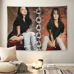 Me-gan Fo-x Gothic Collage Wall Flag, Bat & Chain Print, Mid-century Modern Black Flash Manga Style, Y2K Grunge Aesthetic, For Adult Fans, Dark Academia Decor, Living Room, Bedroom, Emo Tapestrymusic comics wall flags custom tapestries