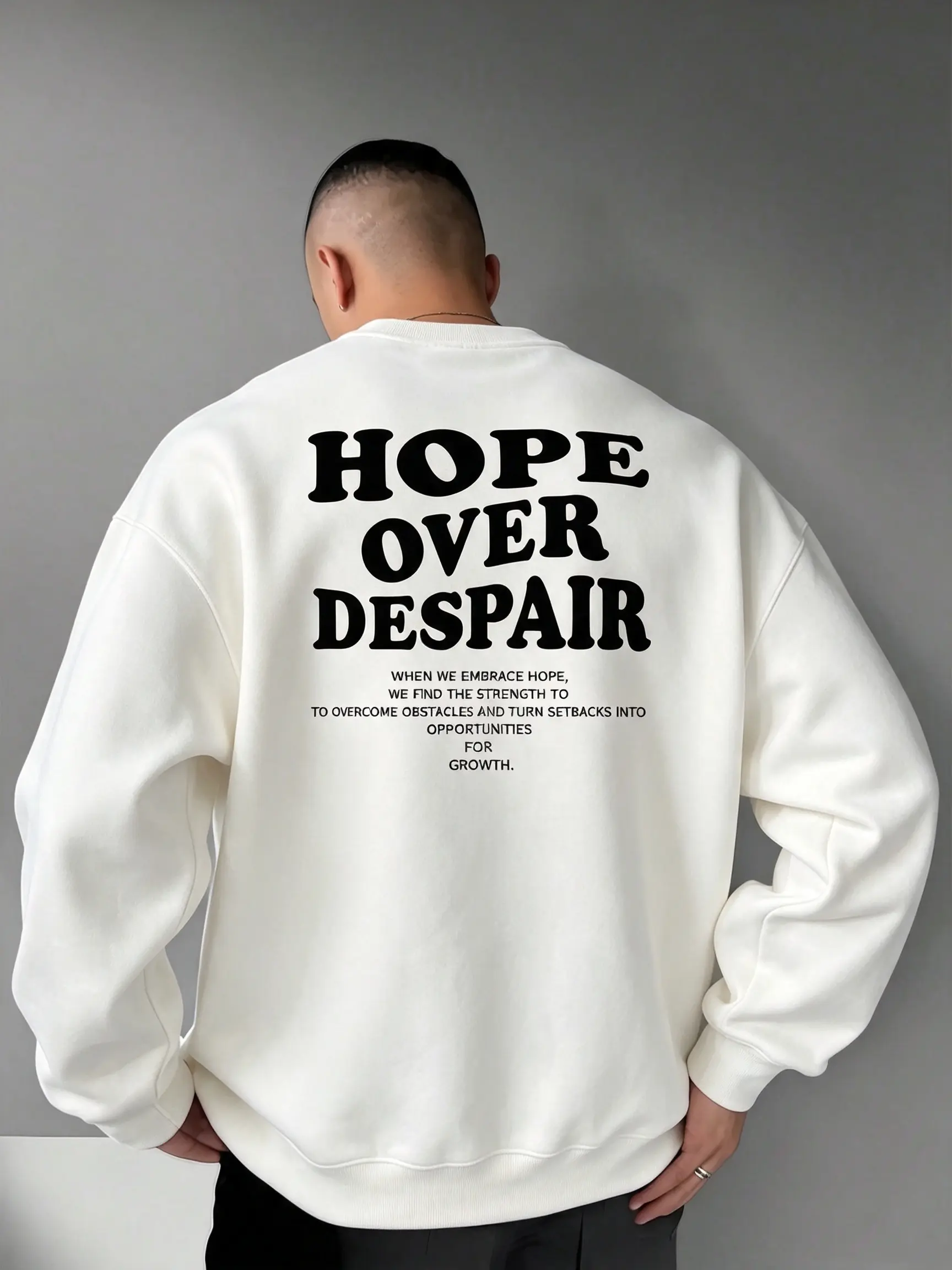 Men’s crewneck sweatshirt with “HOPE OVER DESPAIR” lettering print, pullover, unisex matching top for couples, vintage casual oversized plus-size crewneck sweatshirt, trendy aesthetic streetwear for the back-to-school season