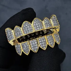 Golden Plated 18K Cubic Zirconia Teeth Grillz - Durable Mosaic Design, Dustproof Case, Hip Hop Halloween Jewelry for Men Oral