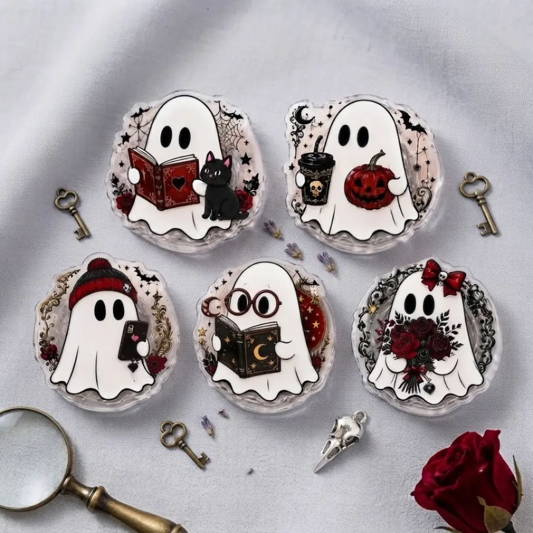 Halloween Phone Grip Cute Gothic Ghost Plaid Rose Collapsible Foldable Phone Holder Stand for iPhone Samsung Halloween Gift Set