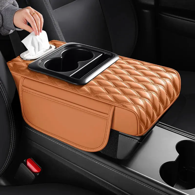 PU Leather All-Seasons Car Seat Organizer - Raised Central Armrest, Paper Towel Box, Cup Holder, Small Item Storage, Multi-Functional Pad - Car-Friendly Stowing & Tidying Accessory for Organized Driving, Fits Glove Comp., Practical and Efficient
