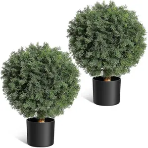 【Christmas Gift】24'' Artificial Cedar Topiary Ball Trees with Potted, Fake Cedar Plants Artificial Shrubs Bushes Ball Tree for Front Door Porch Garden Backyard Decor (2 Pack) Room Decorative Fruit Gift Wood Set Faux Leaf Outdoors Plastic