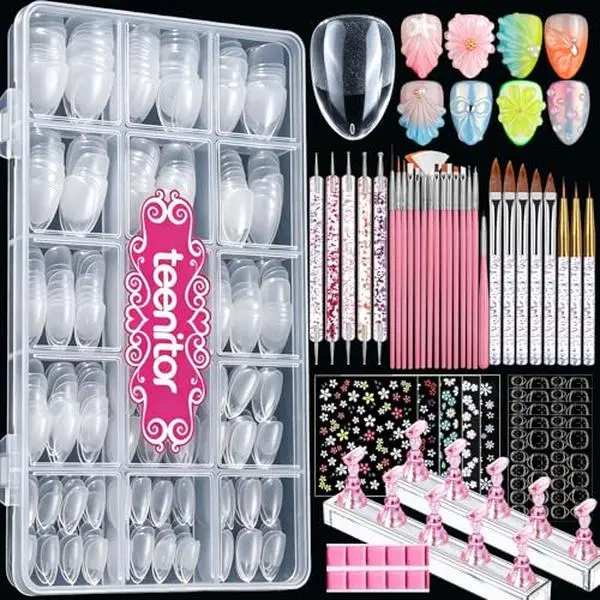 Teenitor Short Almond Nail Tips Set, 510 Pcs 15 Sizes Half Matte Pre-shaped Clear Acrylic Nail Tips, 23 Pcs Nail Art Brushes, Dotting Tool, Nail Stand, Nail Stickers for DIY Nail Art