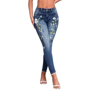 Embroidered Skinny Jeans with Slim Fit Mid-waist Cotton Denim Long Pants in Blue Sizes XS to 2XL Medium Elasticity for Women