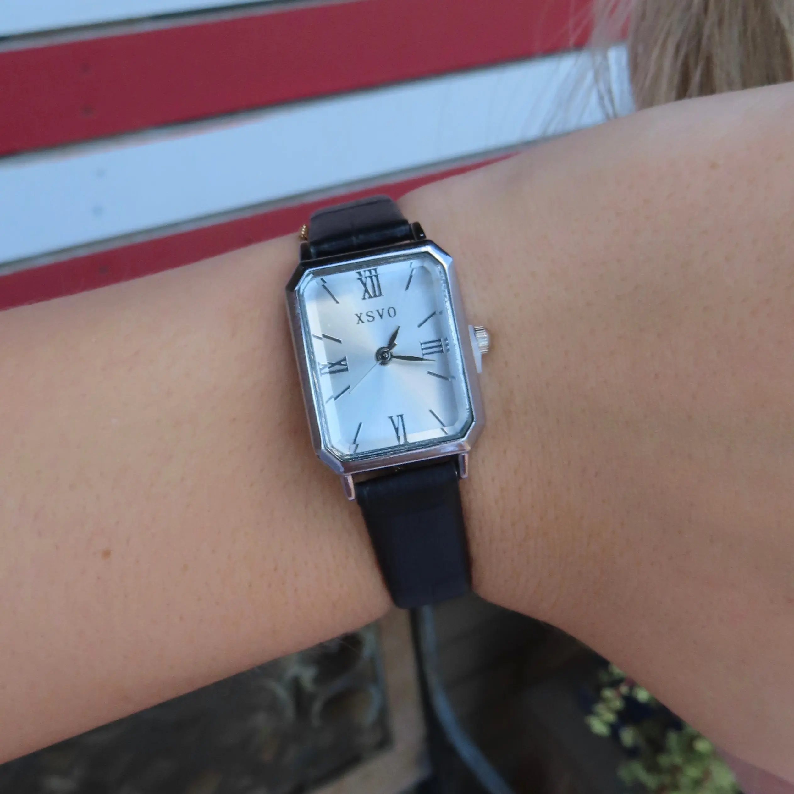 silver rectangle croc strap watch