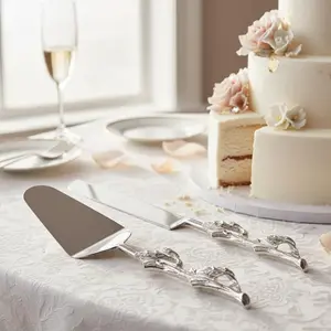 GUTE 2 Piece leaf (twig) Cake Server Cake Knife and Serving Spatula Set Gold Leaf Design, Stainless Steel and Brass Two Tone Ideal for Weddings, Party's, Elegant Events (Silver)