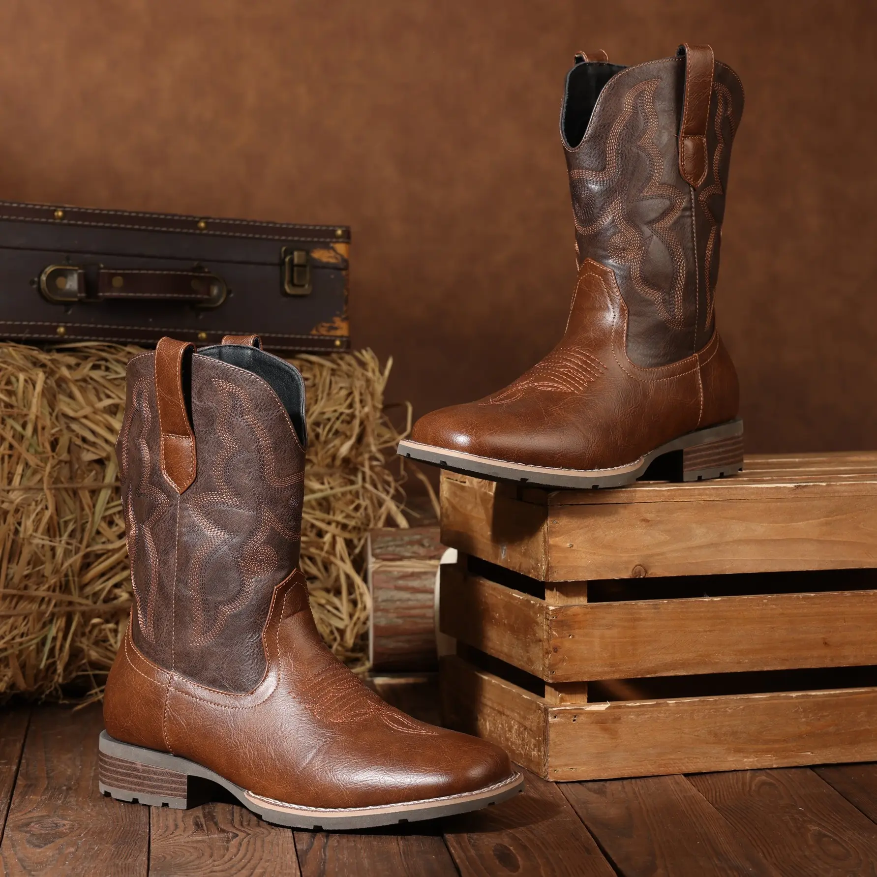 Eleet Cowboy Boots For Men - Western Boot Men's Cowboy Boots With Square Toe, Pull-on Boots, Old West Style Embroidered Walking Shoes