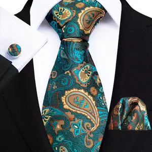 Men Tie Set with Paisley Pattern Necktie Pocket Square and Cufflinks for Wedding Business Formal Party Outfit Matching Accessories
