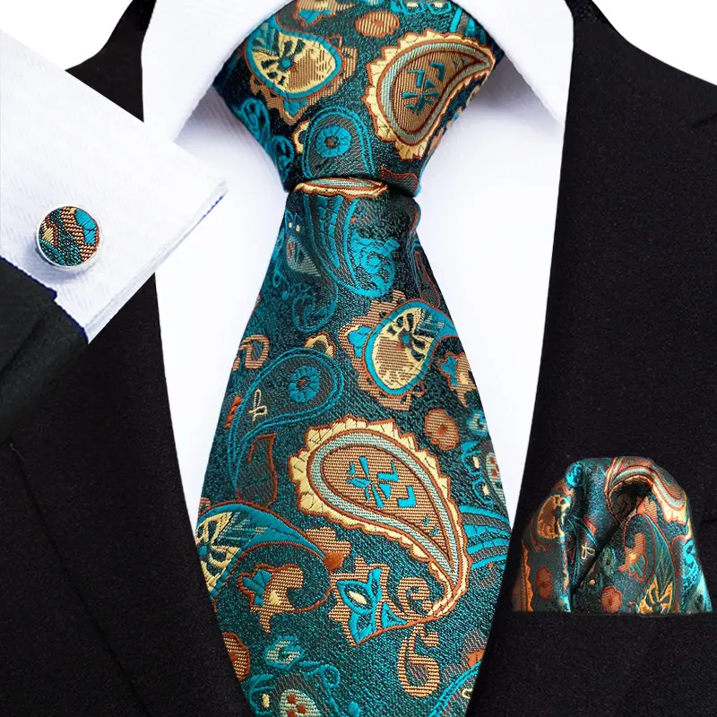 Men's 3-Piece Paisley Floral Tie Set - Includes Artificial Necktie, Pocket Square, and Cufflinks for Wedding Events & Formal Business Attire, Ethnic Pattern Tie, Artificial Neckties