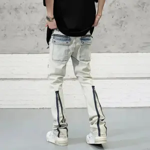 Vintage Multi-pocket Baggy Jeans American Style Men's Design Sensibility Zipper Yellow Muddy Trousers Waist Hipster Fashion