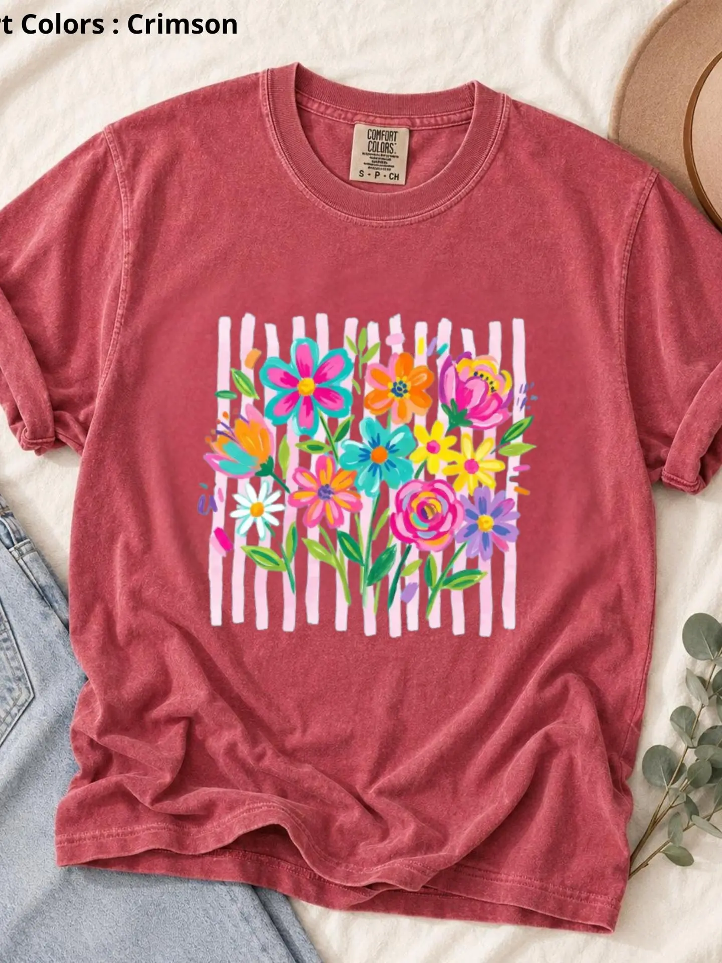 Comfort Colors Striped Boho Floral Shirt, Preppy Wildflower Mama Tee, Brushstroke Flower Graphic T-Shirt, Cottagecore Floral Shirt, Spring Summer Boho Top, Botanical Nature Tee, Unisex Cotton Shirt - Trend Cotton Shop