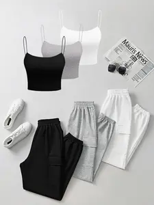6-Piece Women's Spring Summer Knit Solid Color Tank Top Long Pants Set, Casual Daily Commute, Fashionable Comfortable Clothing