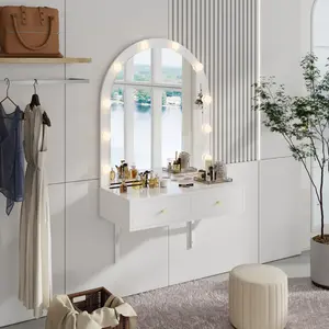 ARCH Floating Makeup Vanity Desk with Mirror & 3-Color Lights, Wall Dressing Table with Power Outlet, Compact vanity, Large Storage, White