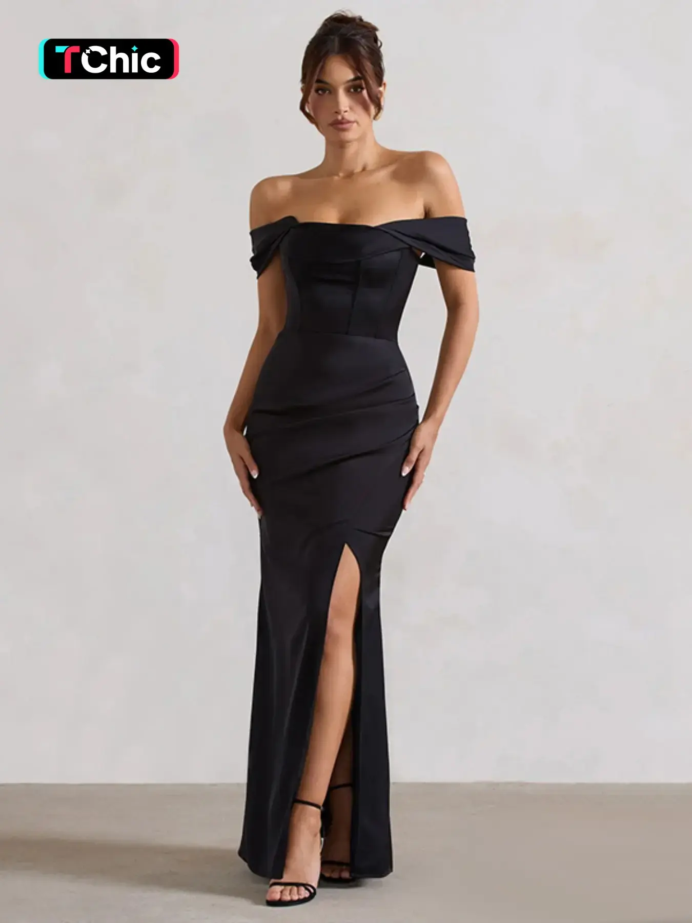 Elegant Satin Dress with Shoulder Drop, Waist Cinching, Pleated Design,  Split Hem, Slit, Sexy Fitted Style, Plain Pattern, Formal Wear, Women's  Fashion - TikTok Shop