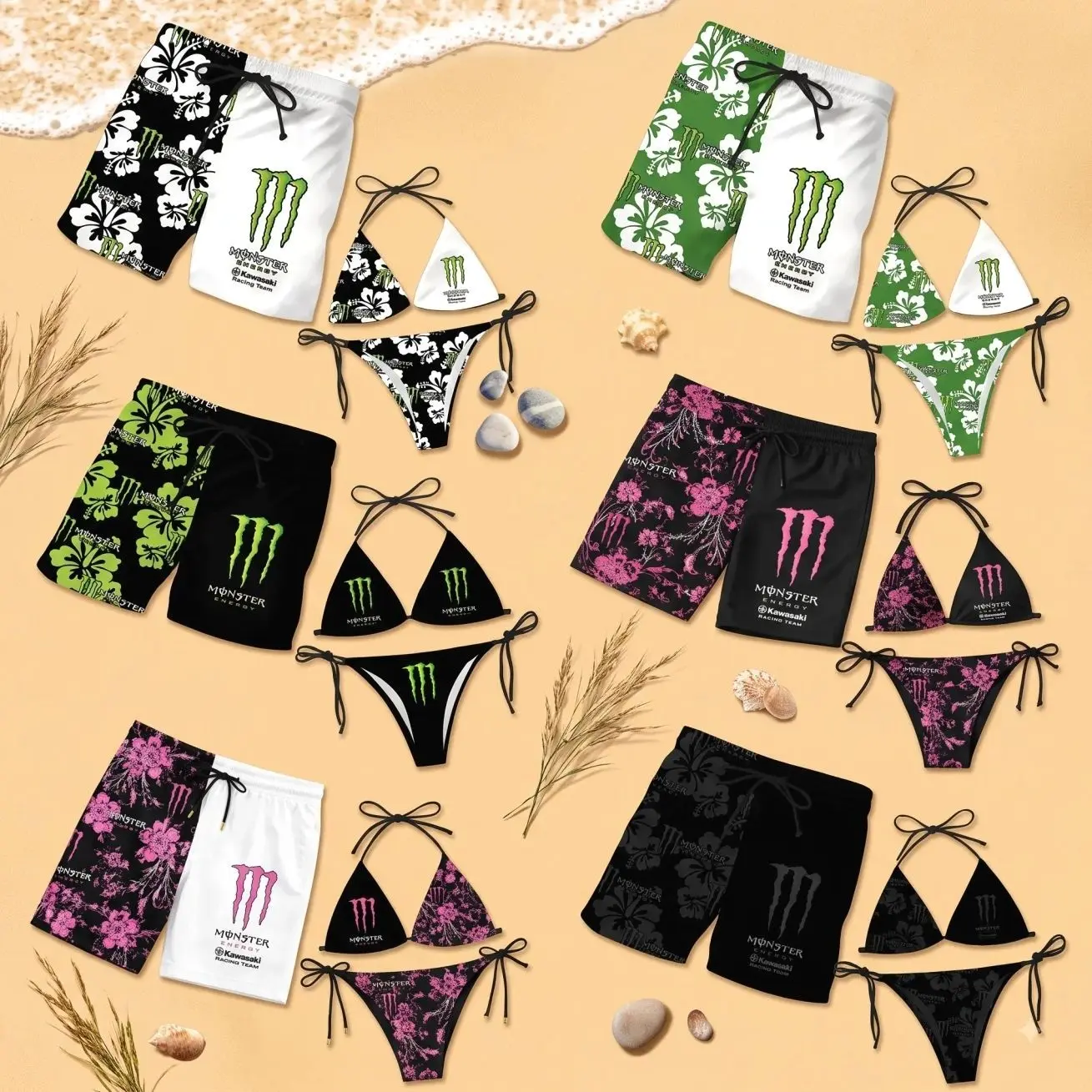 Monster Energy Floral Matching Couple Swimwear Set, Women’s Triangle Bikini Top and Tie Side Thong Bottom with Men’s Hawaiian Beach Shorts, Coordinated Summer Vacation Outfit, Tropical Pool Party Gift for Couples, Men and Women
