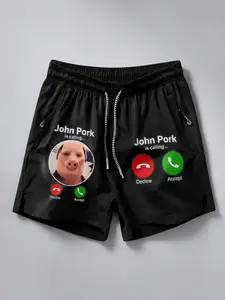 Funny Pig Head Print Sport Shorts, Casual Fitness Beach Wear, Quick-Dry Breathable Ice Silk Fabric, Unisex All-Season Apparel, Funny Sports Shorts