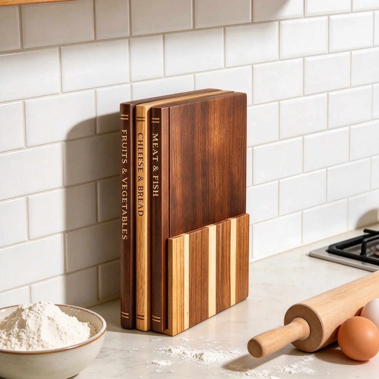 Book Shaped Cutting Board 3-Piece Set with Stand, Safe for Fruits, Vegetables, Meats, Fish, Cheese, Bread, etc., Wooden Decorautting Board for Kitchen, Library Style, Kitchen Cutting Board Gift Set, Mother's Day Gift for Home Cooks and Kitchen Decoration
