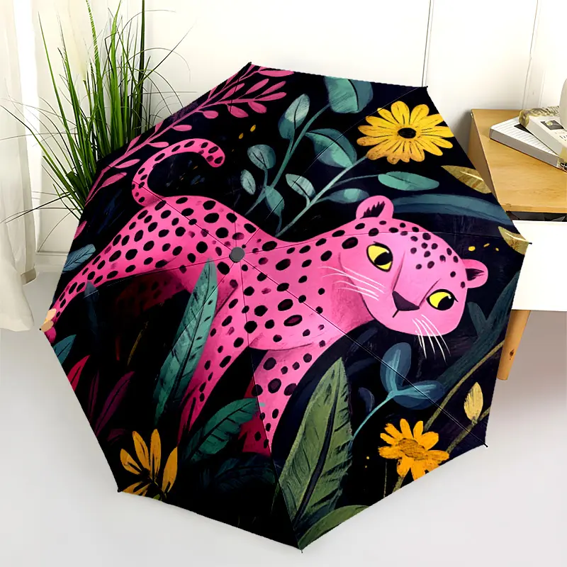 1 PC Automatic Folding Umbrella - Pink Leopard in the Jungle Pattern, Portable & Foldable Design with 8 Ribs, Merry Christmas Pattern,Casual Outdoor Accessory Halloween and Christmas Birthday Gifts. A0068