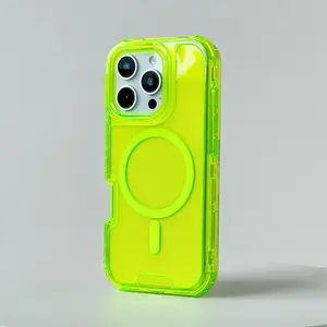 Neon Color Transparent MagSafe Case For iPhone 17 Pro 16pro max 15 14 13 Clear Wireless Charging 3 IN 1 Shockproof Back Cover