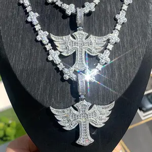 [Jewelry Set] Cross with Wings Design Zirconia Pendant Necklace Chain Set Hip Hop Jewelry for Men Women Daily Wear Outfit