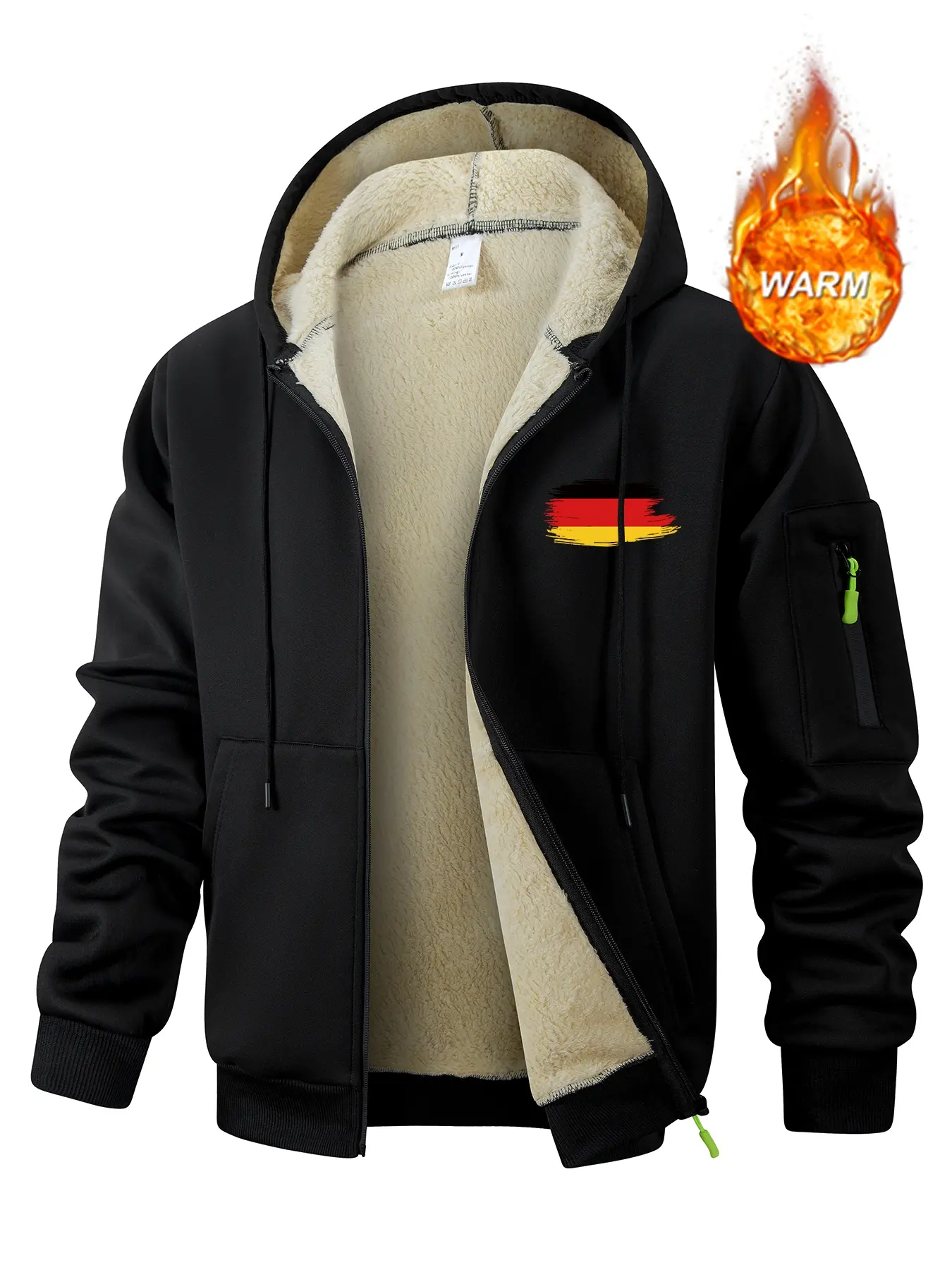 Germany Flag Print Sherpa Plush Lined Coat for Men, Fall Winter Warm Thermal Fleece Hooded Jacket, Casual Athletic Jacket, Sporty Casual Outwear Outfits Tops, Kangaroo Pocket & Zipper Pocket Sleeve