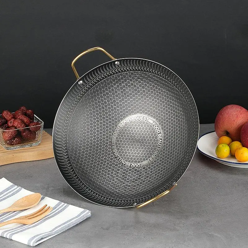 Stainless Steel Honeycomb Non-stick Wok, 1 Count Durable Non-stick Wok with Handle, Household Kitchen Cookware for Frying, Steaming, Boiling