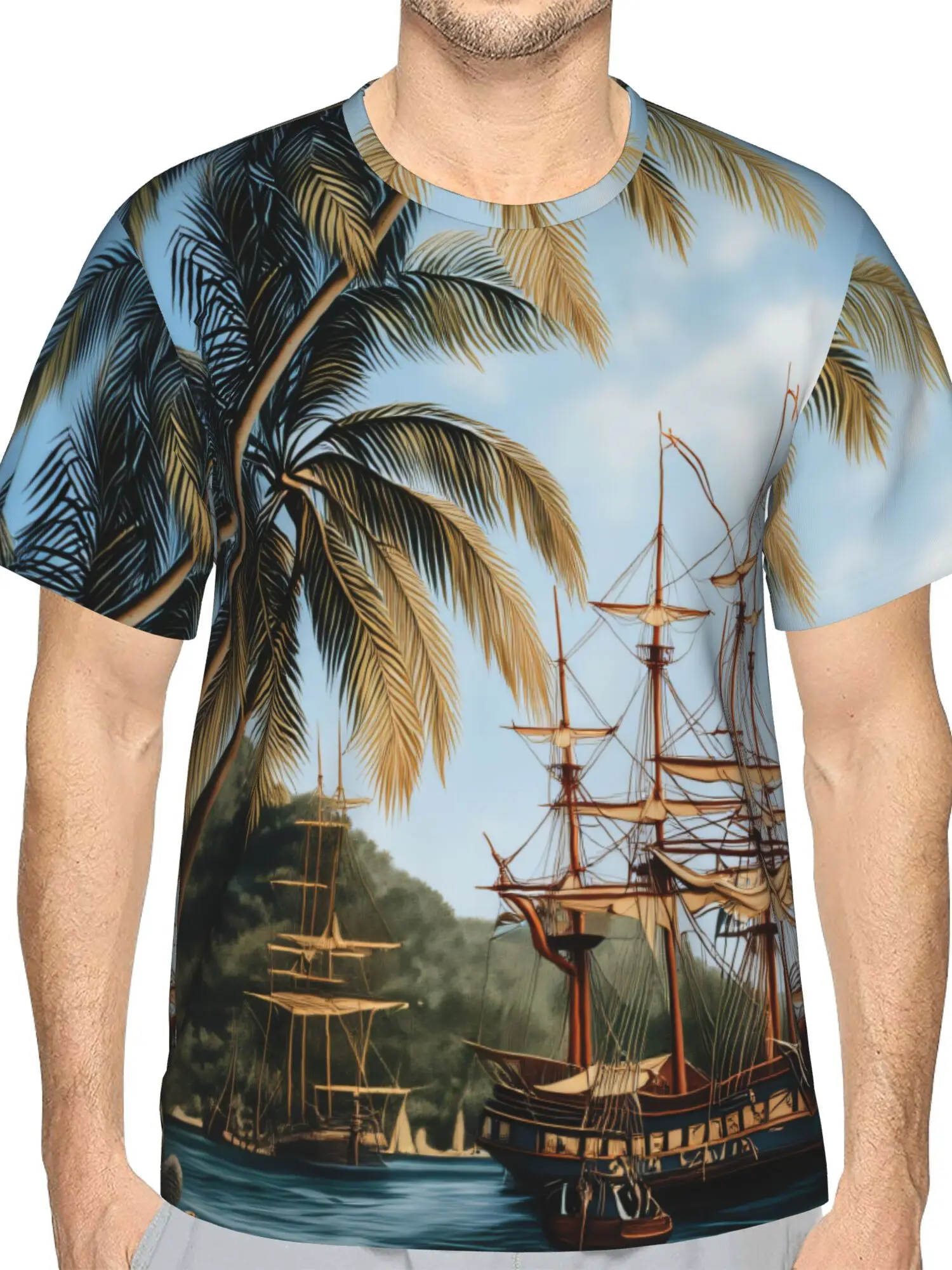 Men's 3D Printed Tropical Coastal Sailing Ship T-Shirt, Vintage Engraving Style Graphic Tee, Lightweight Breathable Polyester, Casual Summer Short Sleeve Shirt