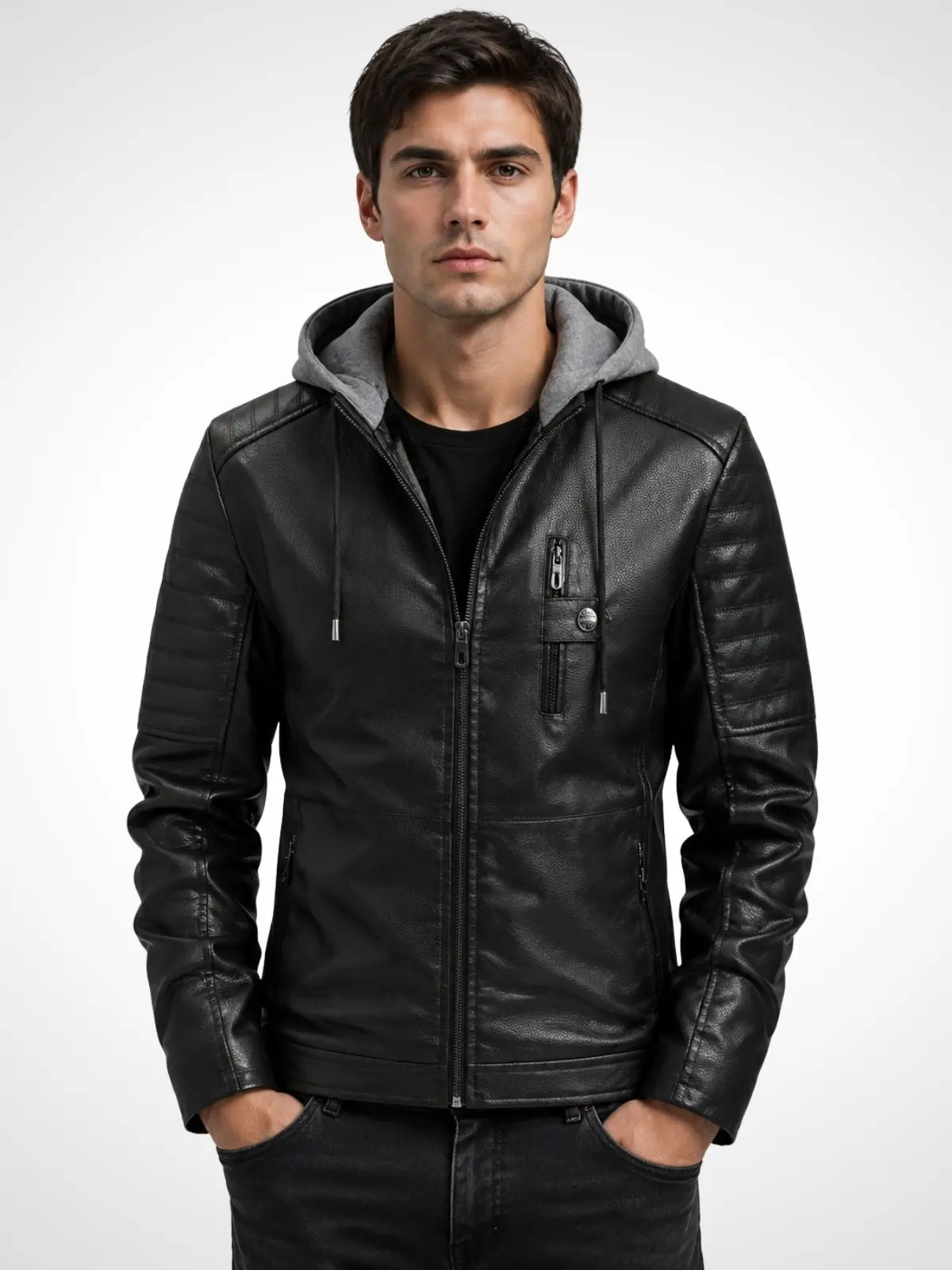 Men’s hooded thick leather jacket, multi-pocket motorcycle jacket—casual, trendy, versatile for everyday wear Menswear Coats