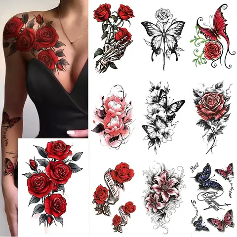 10 Sheets Waterproof Body Art Arm leg Temporary Tattoo Sticker Black Red Rose Flower Wing  Butterfly Suit for Men and Women