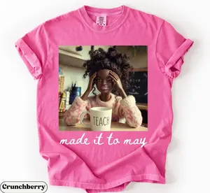 Comfort Colors Last Day of School Teacher Doll Face Meme Shirt, Made It to May Funny End of Year Tee, Summer Break T-Shirt, Black Educator Gift Top