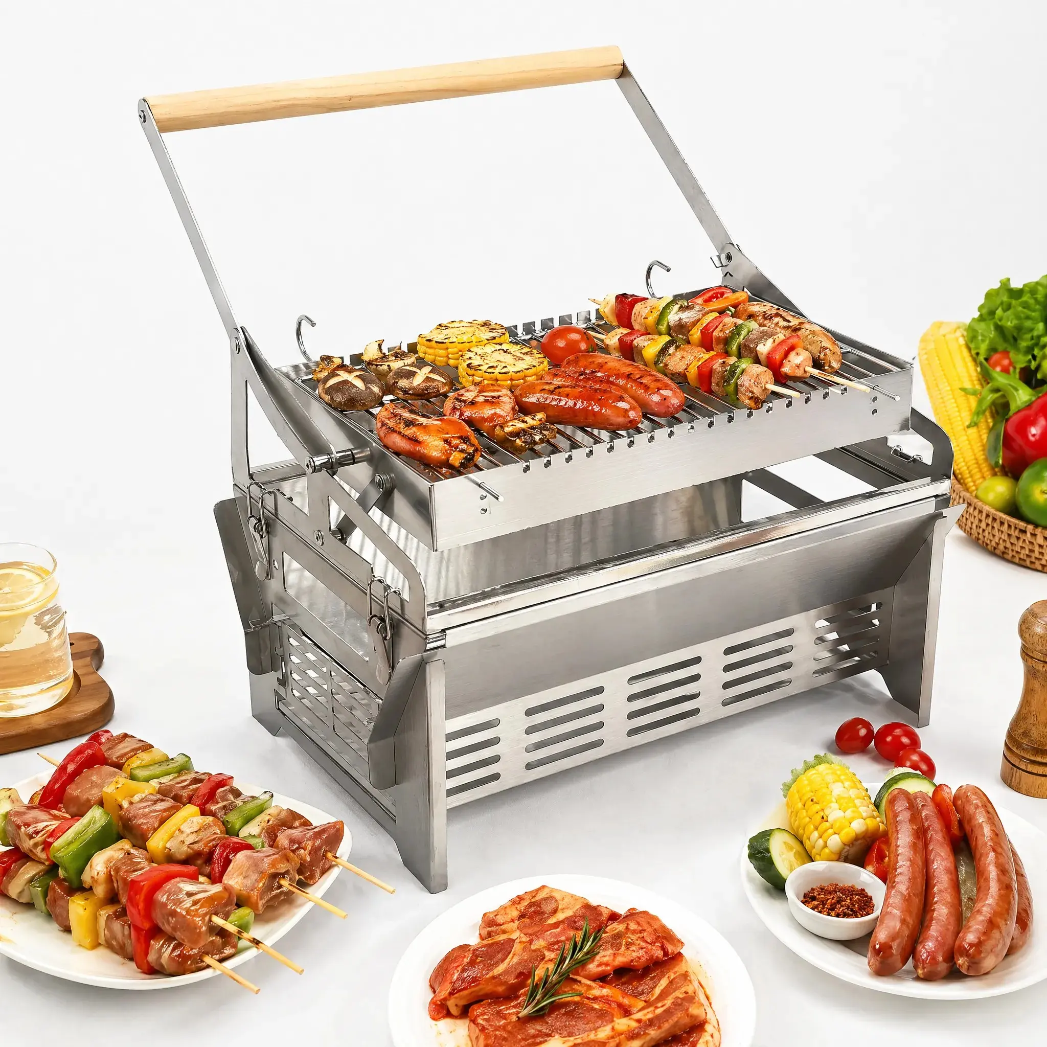 Portable Foldable Stainless Steel BBQ Grill, Manual 360° Rotation, Ideal for Camping, Picnics, Outdoor BBQ