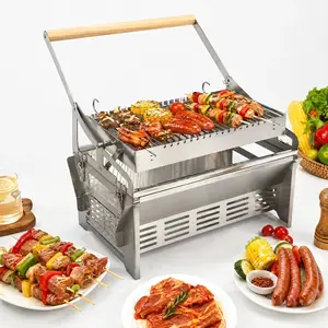 Portable Stainless Steel BBQ Grill, 360° Rotatable Skewer Holder, Foldable Stand, Adjustable Vent, Ideal for Outdoor Parties and Travel