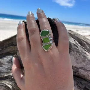 Mendocino Green Sea Glass Ring – Handmade Sterling Silver – Size 7