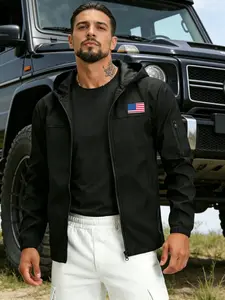 Unisex Windproof Jacket, Lightweight Hooded Outdoor Coat, Multiple Pockets, Flag Print, Ideal for Skiing, Hiking, Fishing, Gift for Him