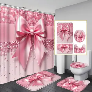 1PC/4PCS 2D Flat Pink Bow Decoration Patterned shower curtain, home bathroom decor, shower curtain set with 12 hooks, non-slip bathroom rug, U-shaped toilet seat cover, toilet seat mat, Shower Essentials