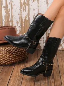 Women's Fashion Rivet & Chain Decorated Boots, Casual Pointed Toe Boots for Daily Wear, Western Boots for Fall & Winter