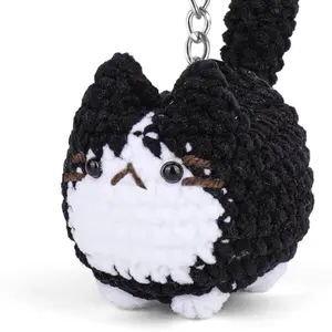 Adorable Tuxedo Cat Keychain - Black and White Crochet Design with Chain Strap