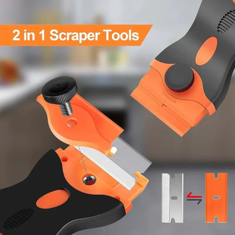 Razor Blade Scraper Tool(2Pcs),With Extra 10pcs PlasticBlades And 10pcs Metal Blades, 2-in-1 Scraper Tool CleaningRazor Scraper For Decals, Stickers, Labels, Caulk, Adhesive,Paint, Cooktop