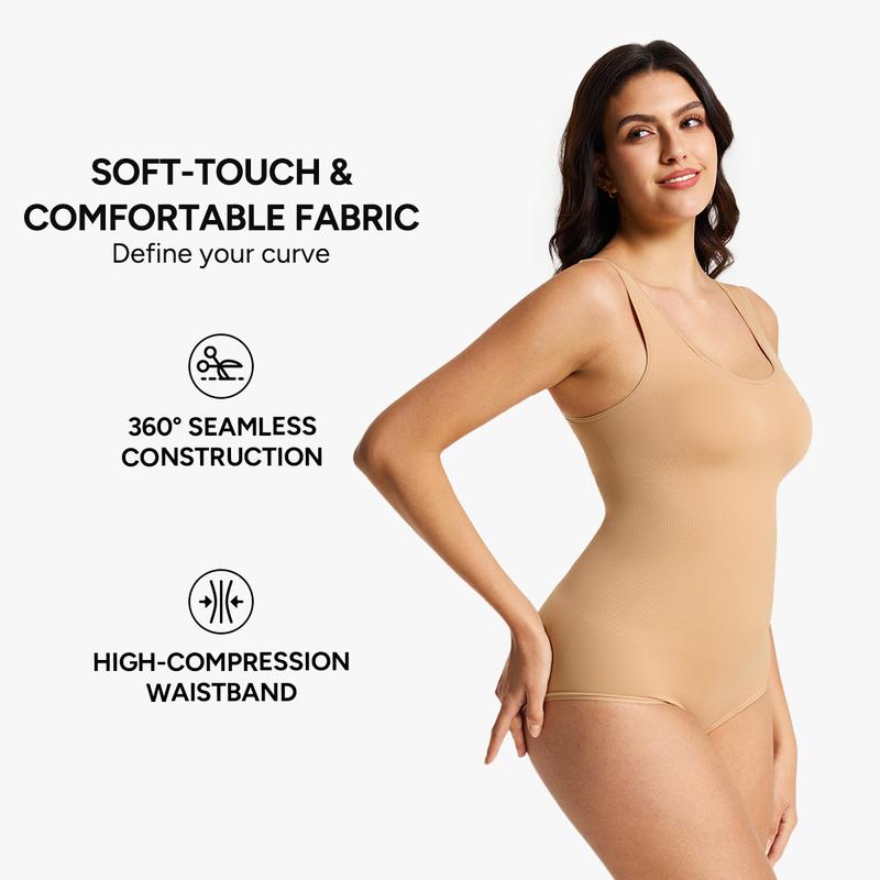 [MAX] Nebility Seamless Comfort Shapewear Bodysuit for Women,Basic Minimalist fashion Crewneck Womenswear Underwear High Waist Shaping Compression Firm Tummy Control Black&Black