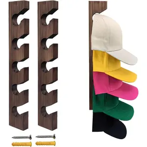 2 PCS Hat Rack for Baseball Caps, Wooden Hat Holder Wall-Mounted Caps Display, 5 Hook Wall Mounted Baseball Hat Rack (Brown)