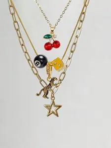 3-Piece Fashionable Layered Pendant Dangling Charms Necklace Set, Unique Cherry Billiard Dice Leopard Star Design, Unisex, Perfect Gift for All Occasions, Fashion Accessory Necklace