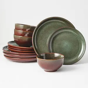 Stoneware Dinnerware Sets Service for 4, 12 pcs Reactive Glaze Plates and Bowls Sets, Handmade Ceramic Dish Set, Highly Chip and Crack Resistant Modern Plate Set, Brown Green