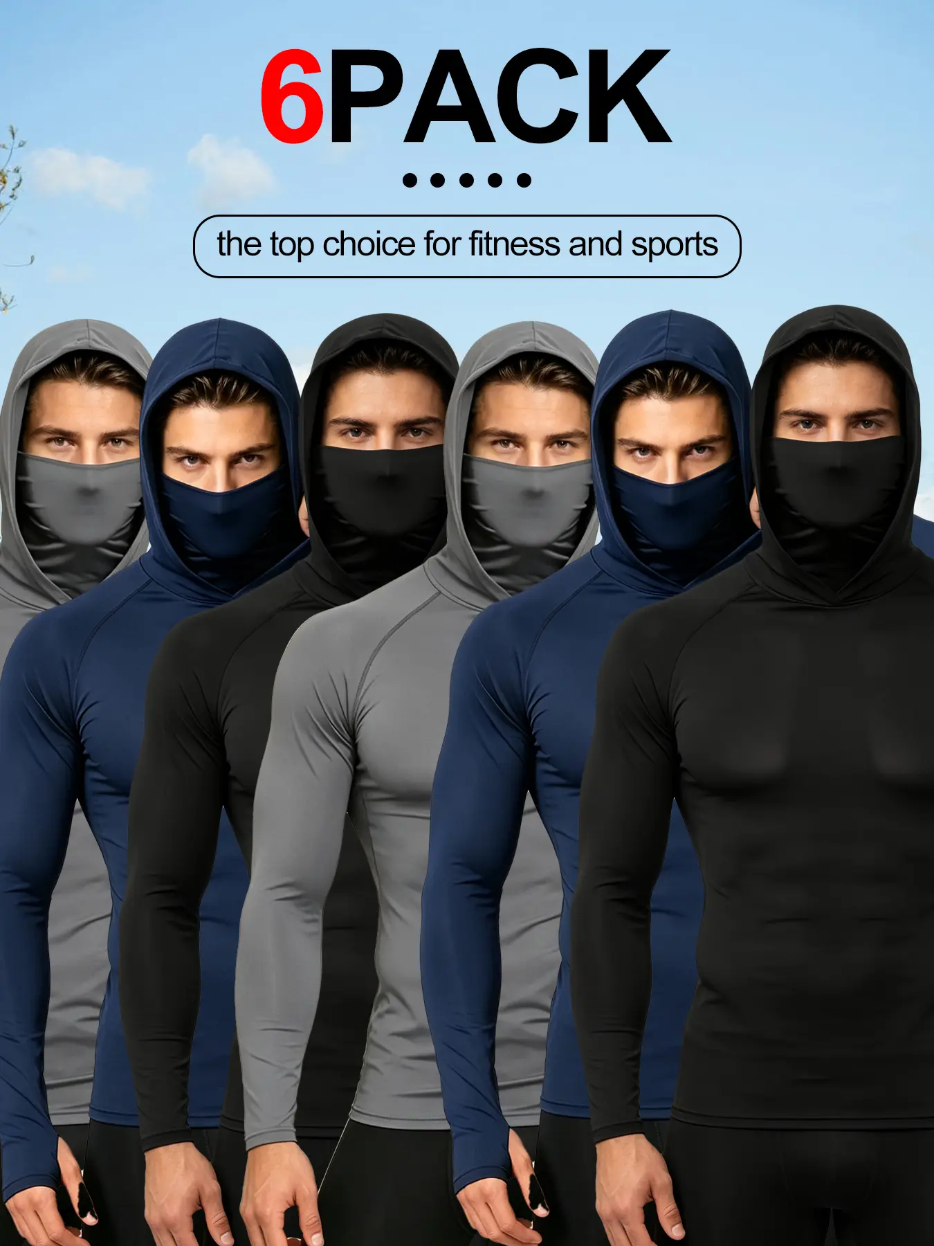 Men's 6 Pack Hooded Compression Long Sleeve Shirts with Built-in Face Mask, UPF 50+ Quick Dry Athletic Base Layer Tops for Cycling Running Outdoor Sports