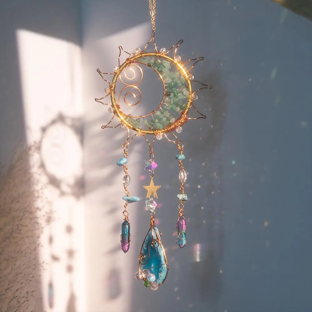 Moon & Star Design Dream Catcher, 1 Count Artificial Crystal Hanging Ornament, Celestial Decor, Outdoor Indoor Decor, Hanging Decor for Home Living Room Room Courtyard Garden Window, Home Decor Ornaments, Home Decor Items