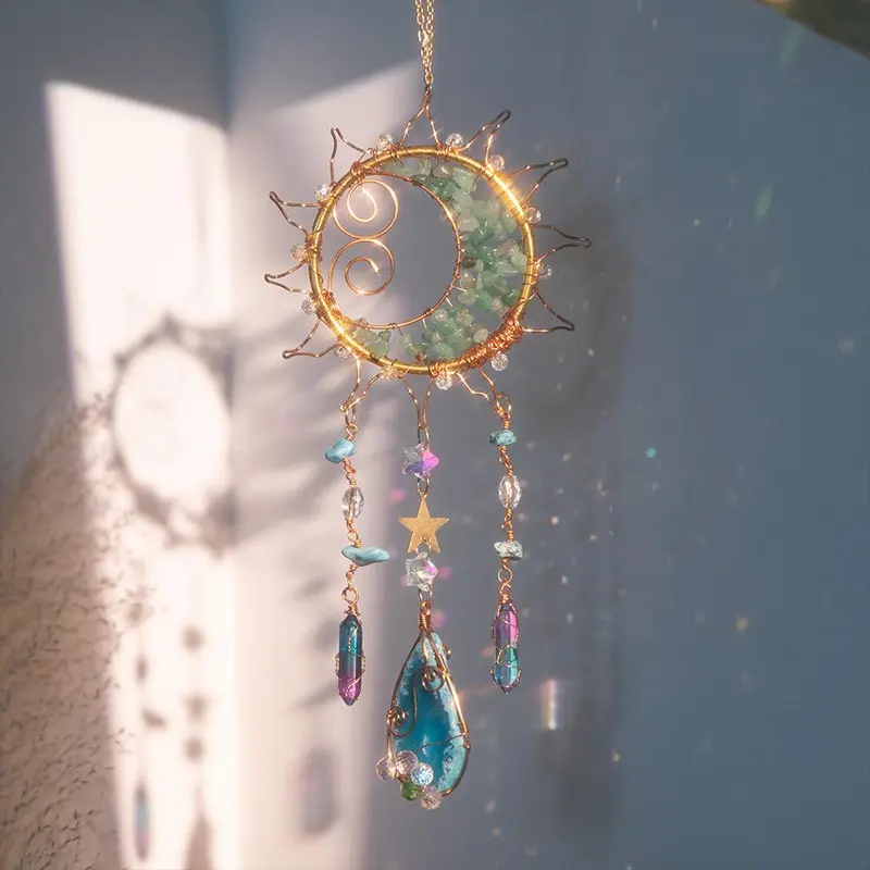 Moon & Star Design Dream Catcher, 1 Count Artificial Crystal Hanging Ornament, Celestial Decor, Outdoor Indoor Decor, Hanging Decor for Home Living Room Room Courtyard Garden Window, Home Decor Ornaments, Hanging Decorations