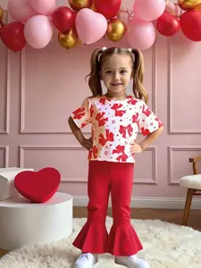 Baby Girl Two-Piece Set, Sweet Cute Striped Bow Pattern Short Sleeve Top, Patchwork Bell Bottoms, Summer Casual, Baby Girl Clothes