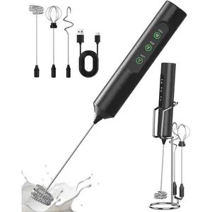 Rechargeable Milk Frother Handheld with 3 Speed, 3 Detachable Whisks with Stand, Electric Coffee Drink Mixer Wand for Cappuccino, Latte, Matcha, Hot , Eggs,Protein Black