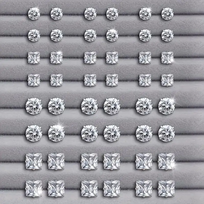 24 Pairs Exquisite Shiny Round Square Stud Earrings with Sparkling Artificial Crystals for Party Wedding Engagement Anniversary Jewelry Set